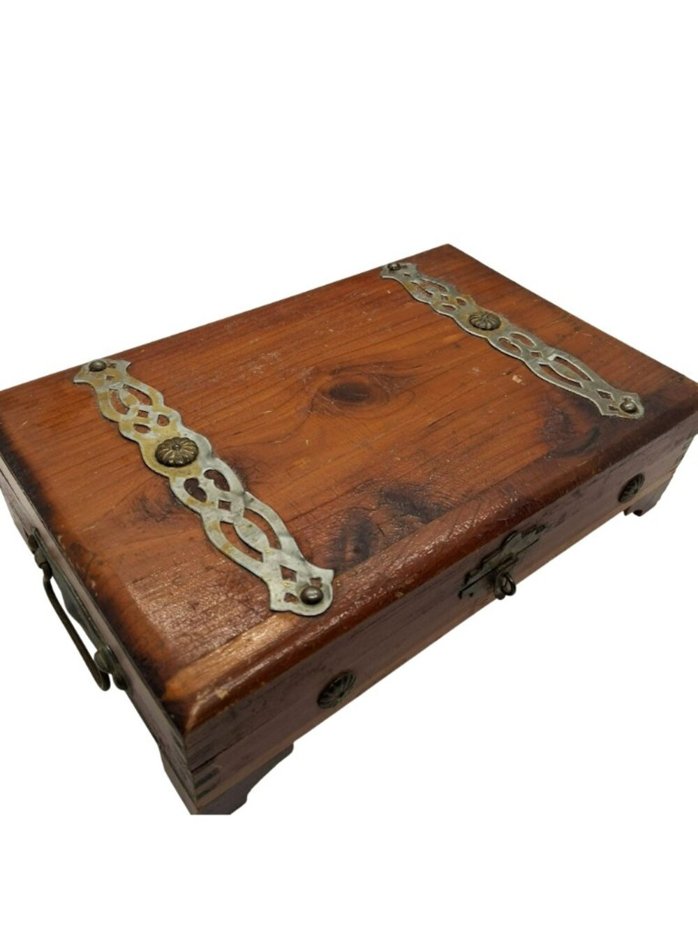 Vintage Wooden Jewelry Cigar Box Brass Accents Ornate Latch Rustic Storage Chest